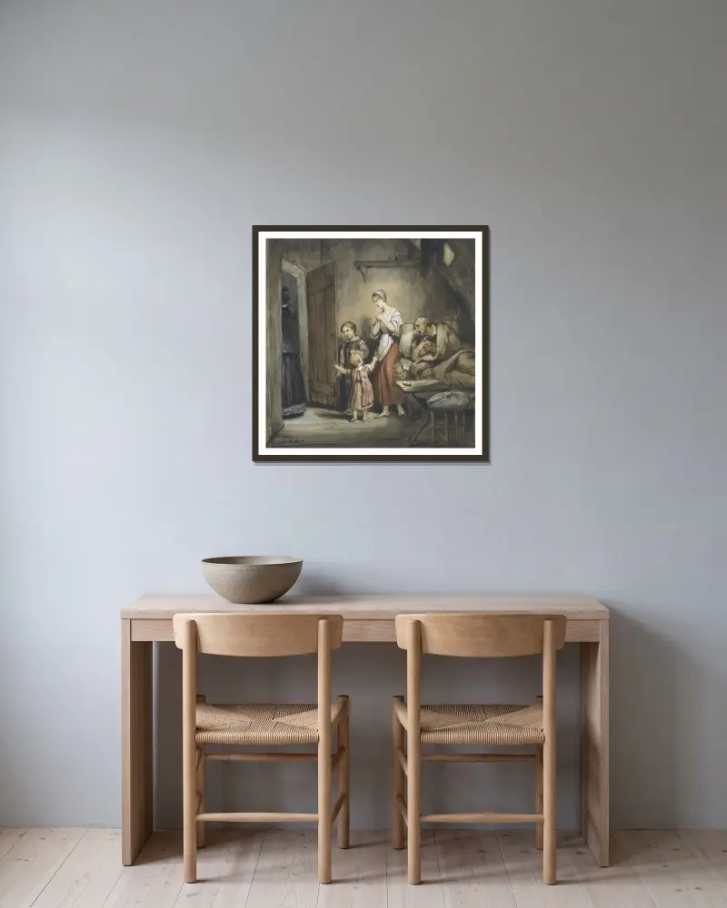 Sjuk man i säng med en kvinna och två barn bredvid av Ary Scheffer inramad på en vägg