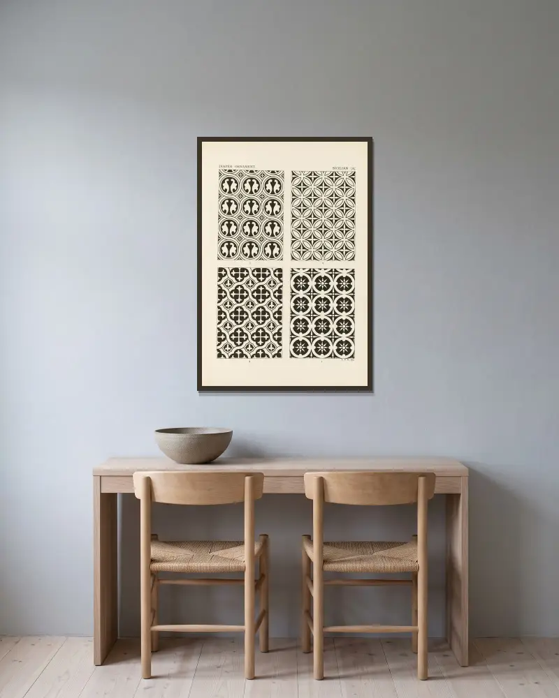 Outlines of ornament in the leading styles Pl.31 av George Ashdown Audsley inramad på en vägg