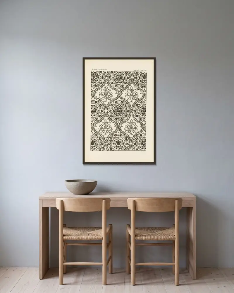 Outlines of ornament in the leading styles Pl.37 av George Ashdown Audsley inramad på en vägg