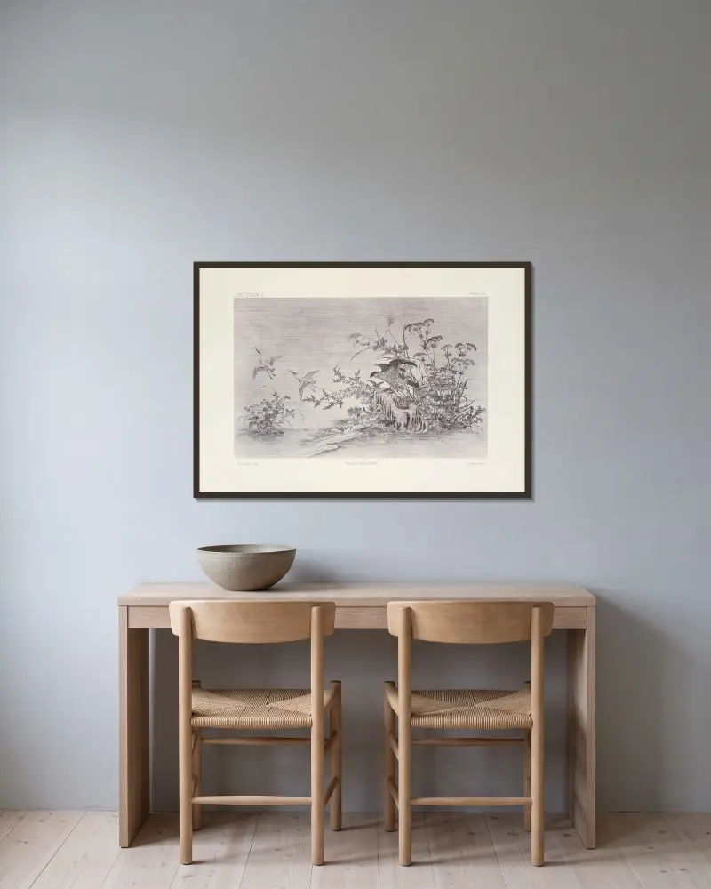 Japanska ornamentala konsthantverk, plansch 9 av George Ashdown Audsley inramad på en vägg
