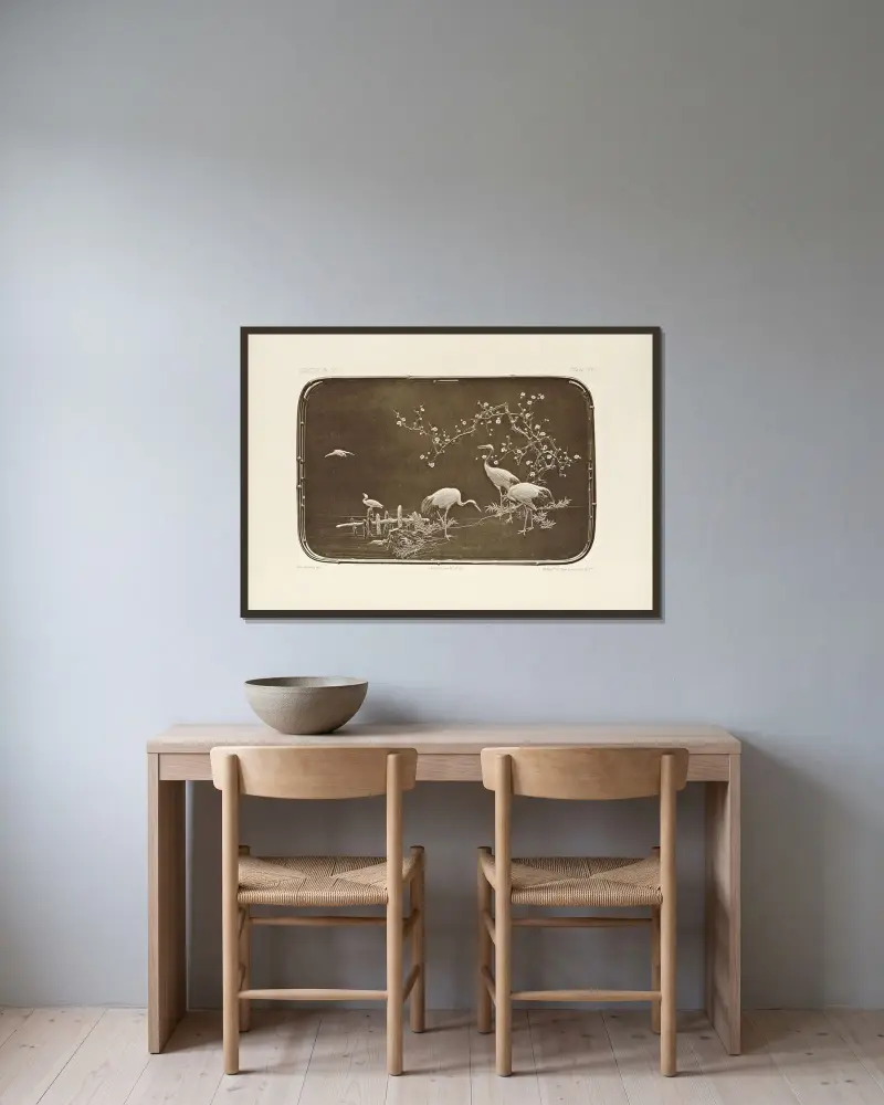 Japanska ornamentala konster, pl. 81 av George Ashdown Audsley inramad på en vägg