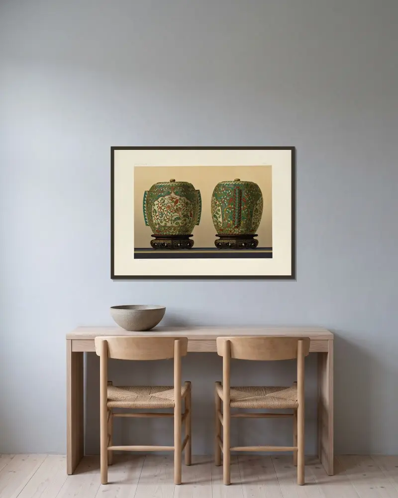 Japanska ornamentala konstarter Pl.088 av George Ashdown Audsley inramad på en vägg