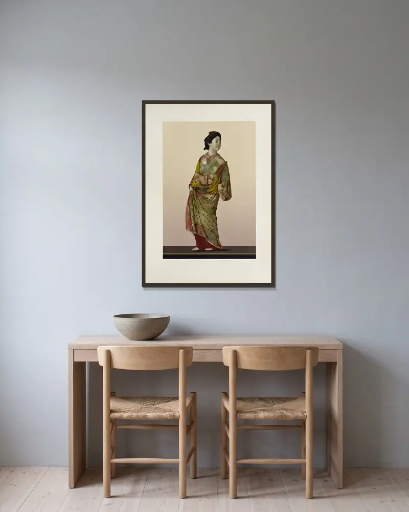 Japanska prydnadskonster, pl. 102 av George Ashdown Audsley inramad på en vägg