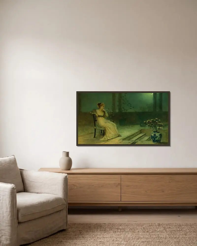 En klassisk ung kvinna sittande på en terrass i månsken av John Atkinson Grimshaw inramad på en vägg