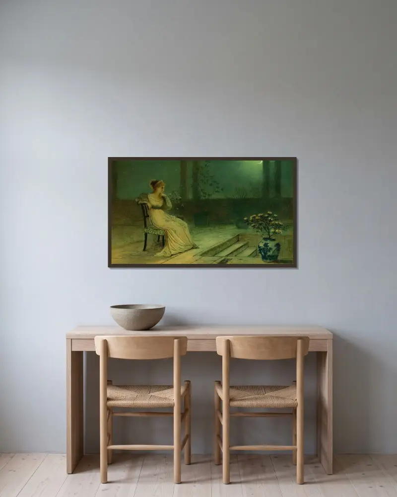 En klassisk ung kvinna sittande på en terrass i månsken av John Atkinson Grimshaw inramad på en vägg