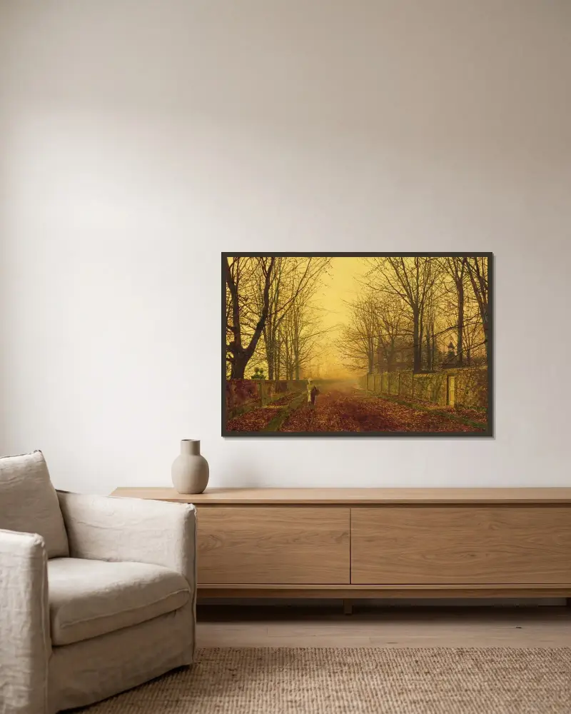 Ett gyllene idyll av John Atkinson Grimshaw inramad på en vägg