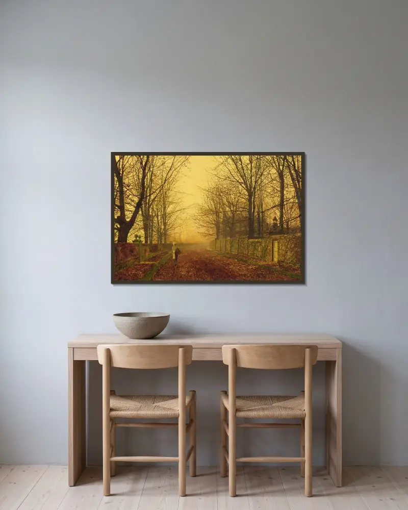 Ett gyllene idyll av John Atkinson Grimshaw inramad på en vägg