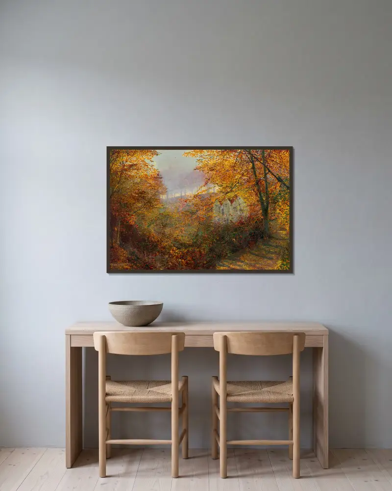 Ein Haus auf einer Lichtung von John Atkinson Grimshaw gerahmt an einer Wand