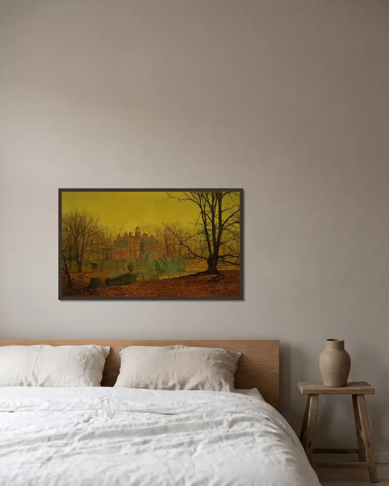 Ett vallgravsomgivet hem i Yorkshire av John Atkinson Grimshaw inramad på en vägg