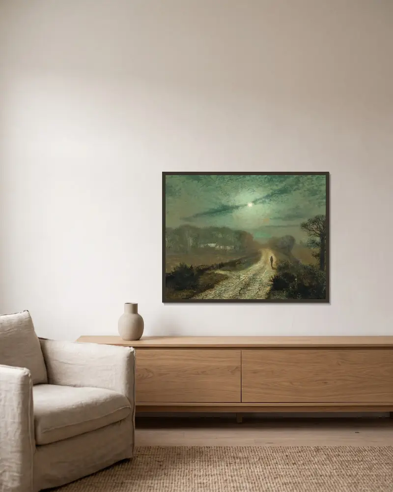Månskenslandskap av John Atkinson Grimshaw inramad på en vägg