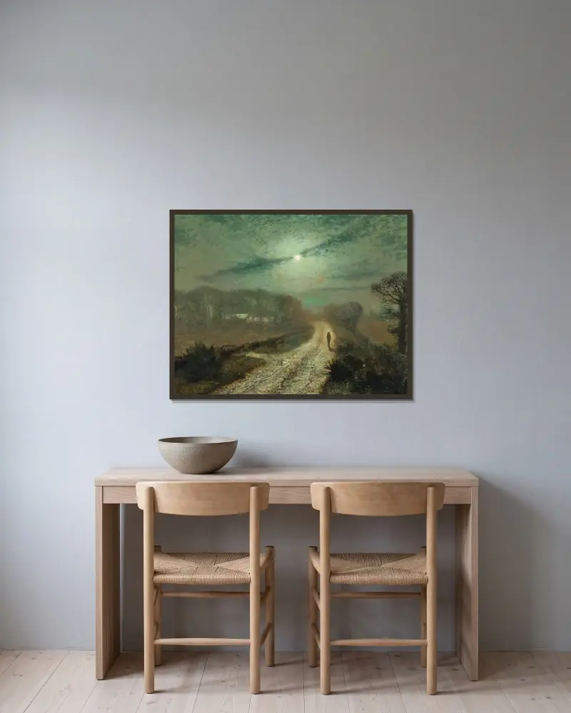 Månskenslandskap av John Atkinson Grimshaw inramad på en vägg
