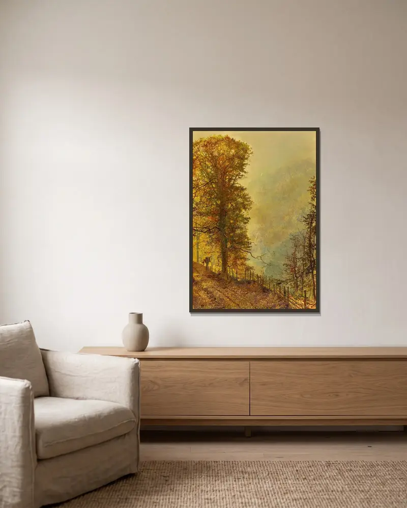 En kaninjägare på en väg vid floden av John Atkinson Grimshaw inramad på en vägg