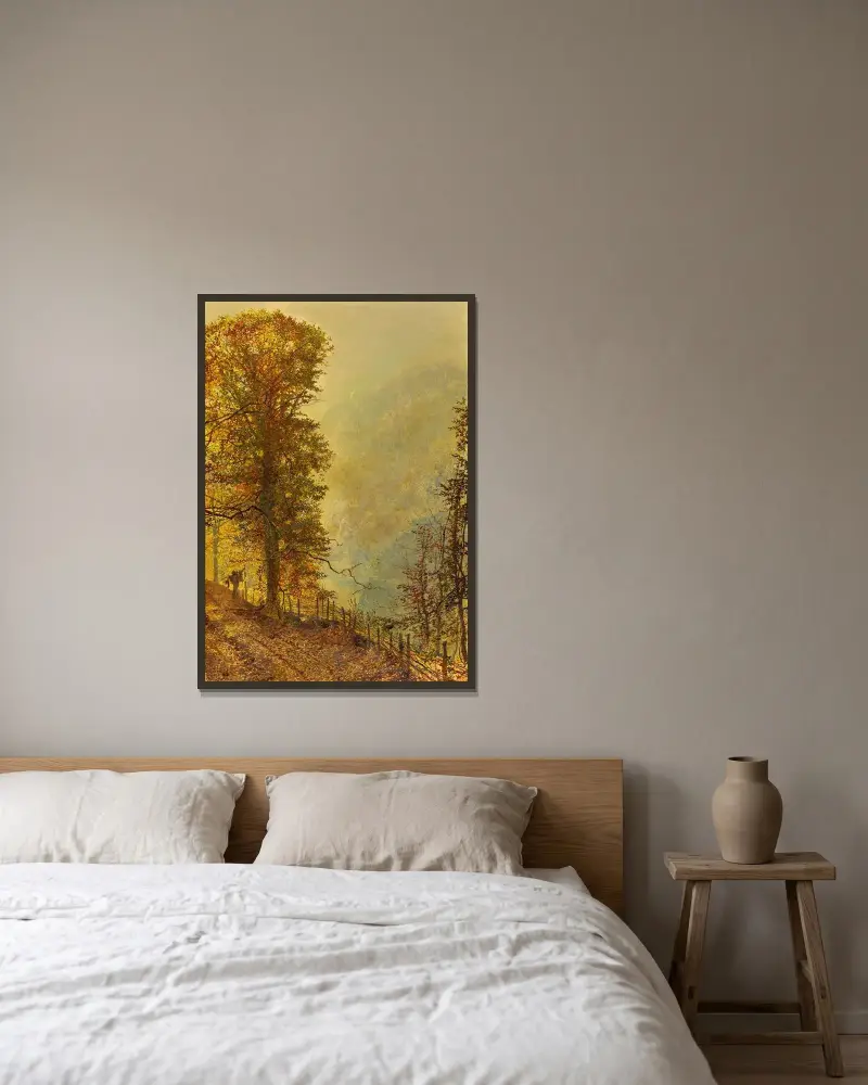 En kaninjägare på en väg vid floden av John Atkinson Grimshaw inramad på en vägg