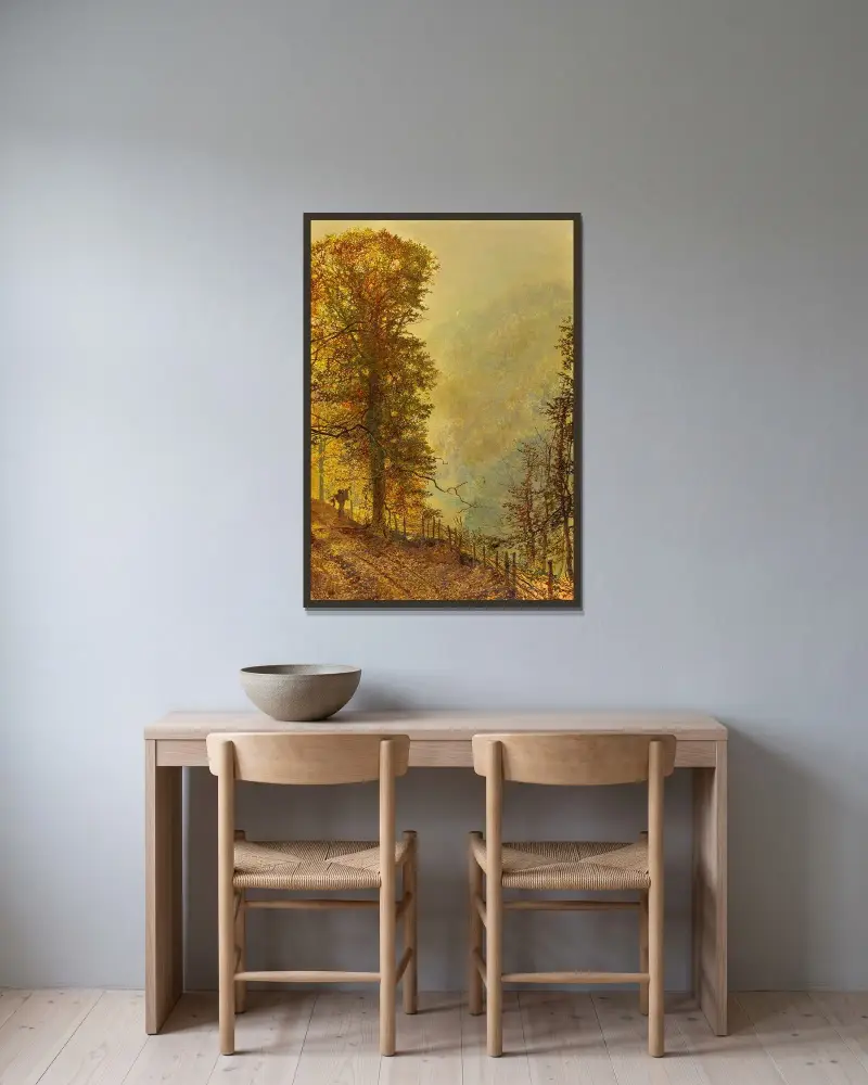 En kaninjägare på en väg vid floden av John Atkinson Grimshaw inramad på en vägg