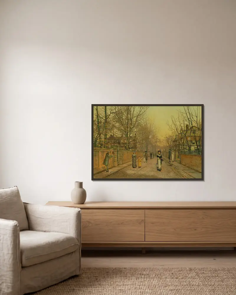 En hälsning av John Atkinson Grimshaw inramad på en vägg