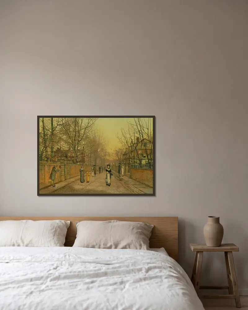 En hälsning av John Atkinson Grimshaw inramad på en vägg