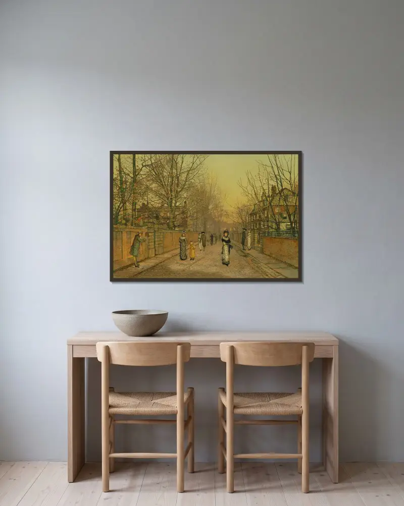 En hälsning av John Atkinson Grimshaw inramad på en vägg