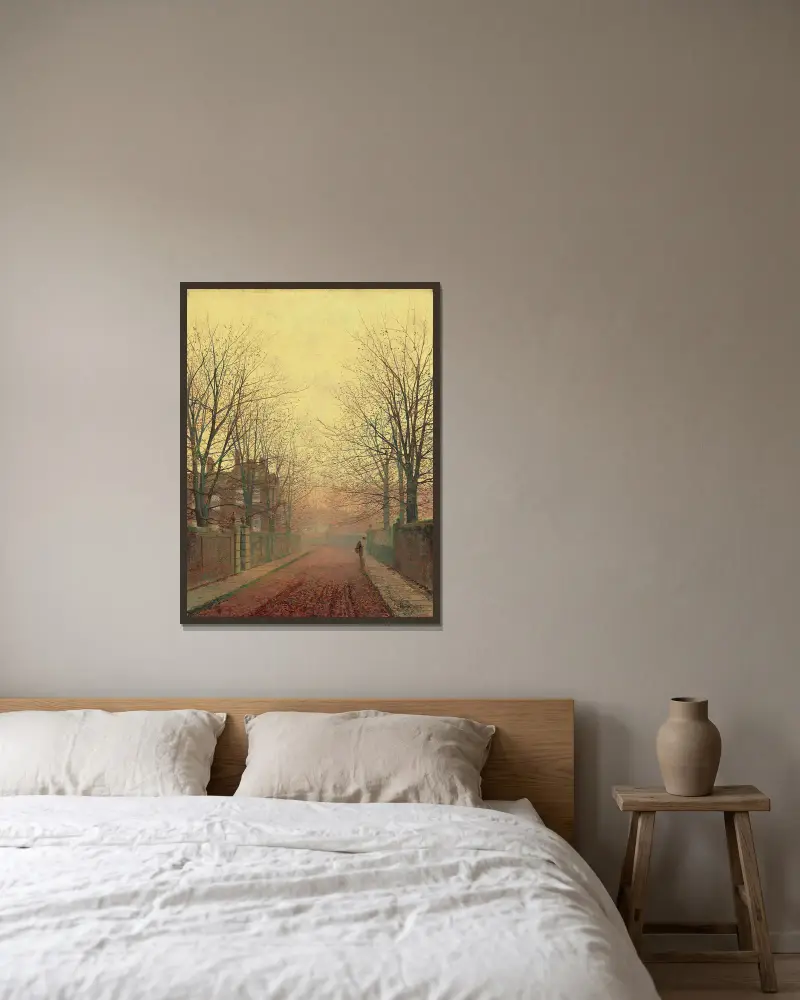 An Autumn Lane, 1883 av John Atkinson Grimshaw inramad på en vägg