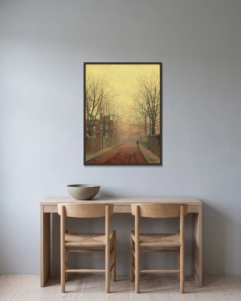 An Autumn Lane, 1883 av John Atkinson Grimshaw inramad på en vägg