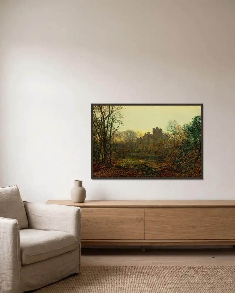 En oktoberglöd av John Atkinson Grimshaw inramad på en vägg