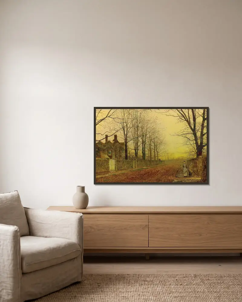 Höstglans av John Atkinson Grimshaw inramad på en vägg