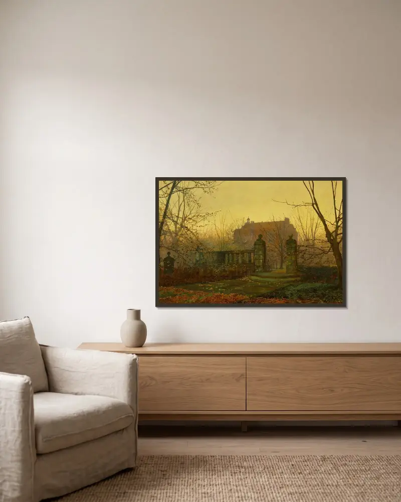 Höstmorgon av John Atkinson Grimshaw inramad på en vägg
