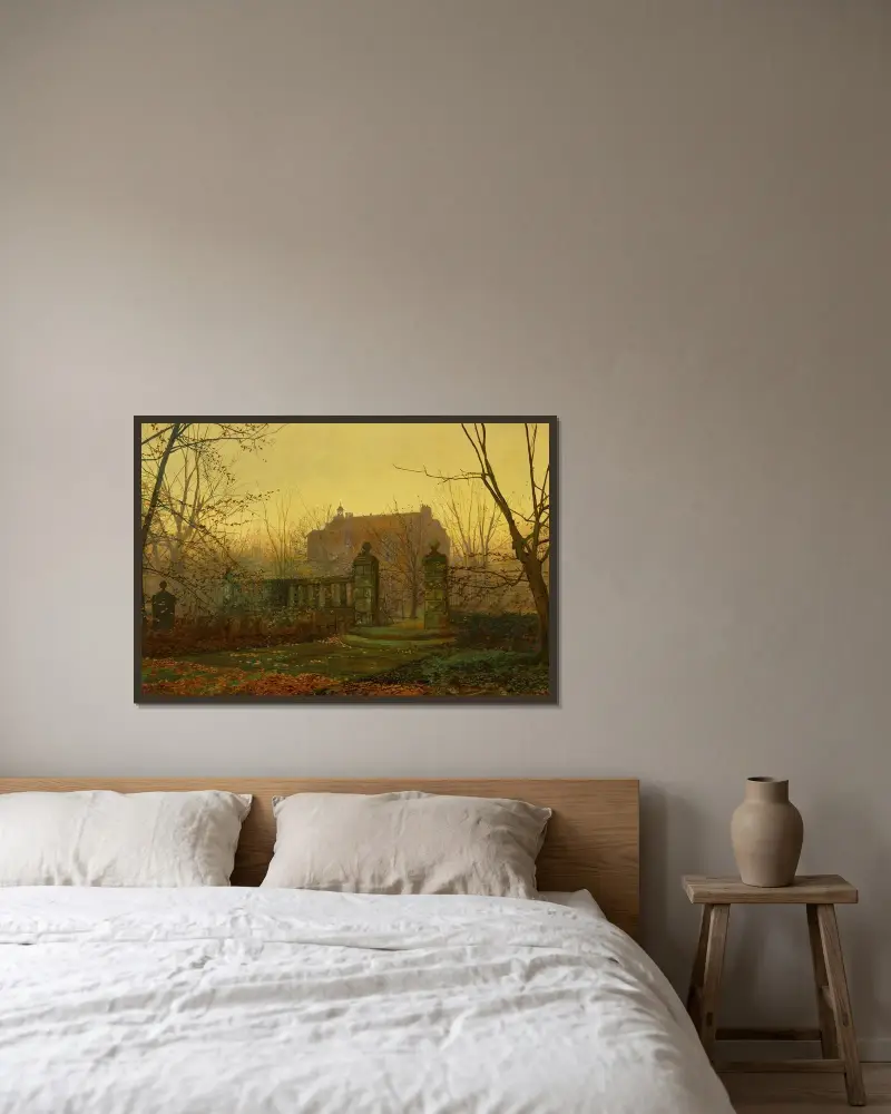 Höstmorgon av John Atkinson Grimshaw inramad på en vägg