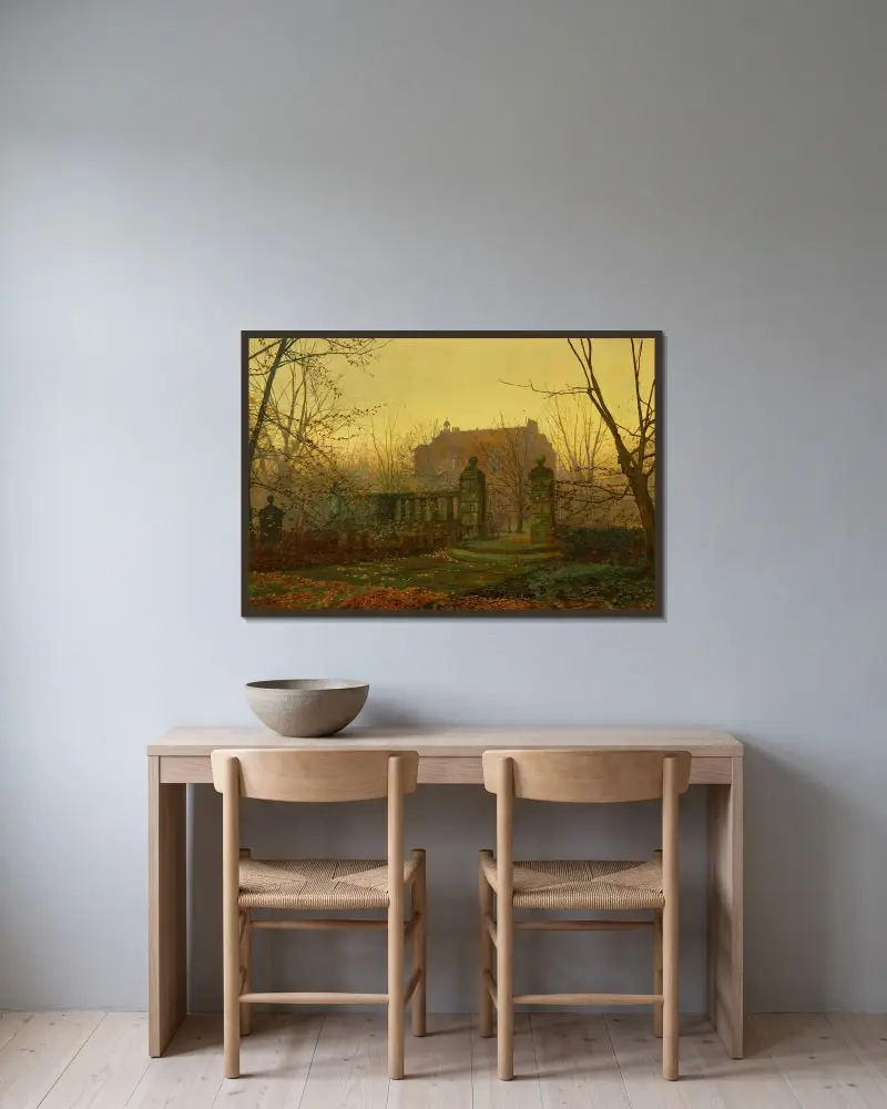 Höstmorgon av John Atkinson Grimshaw inramad på en vägg