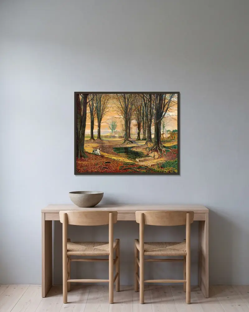 Beechwood av John Atkinson Grimshaw inramad på en vägg