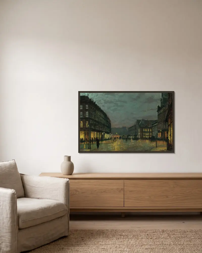 Boar Lane, Leeds i lampljus av John Atkinson Grimshaw inramad på en vägg
