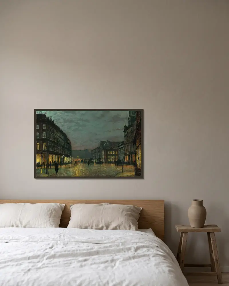 Boar Lane, Leeds i lampljus av John Atkinson Grimshaw inramad på en vägg