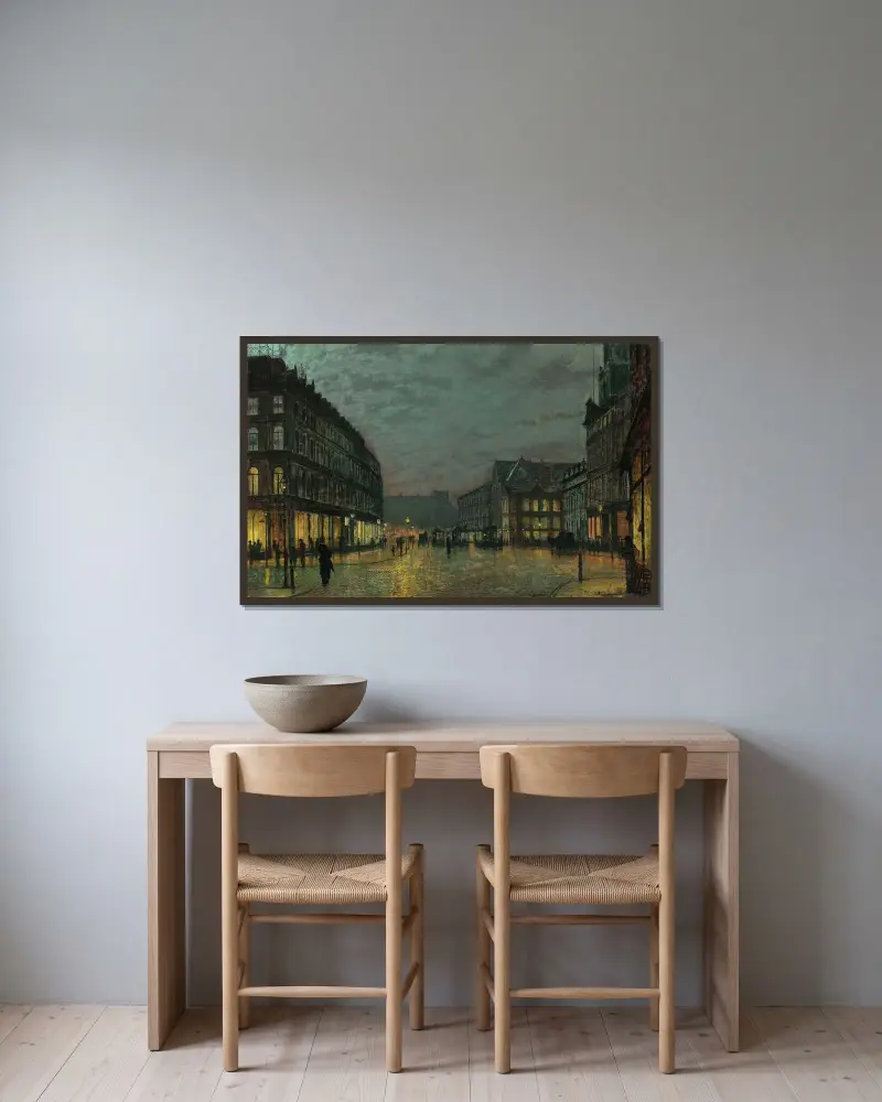 Boar Lane, Leeds i lampljus av John Atkinson Grimshaw inramad på en vägg