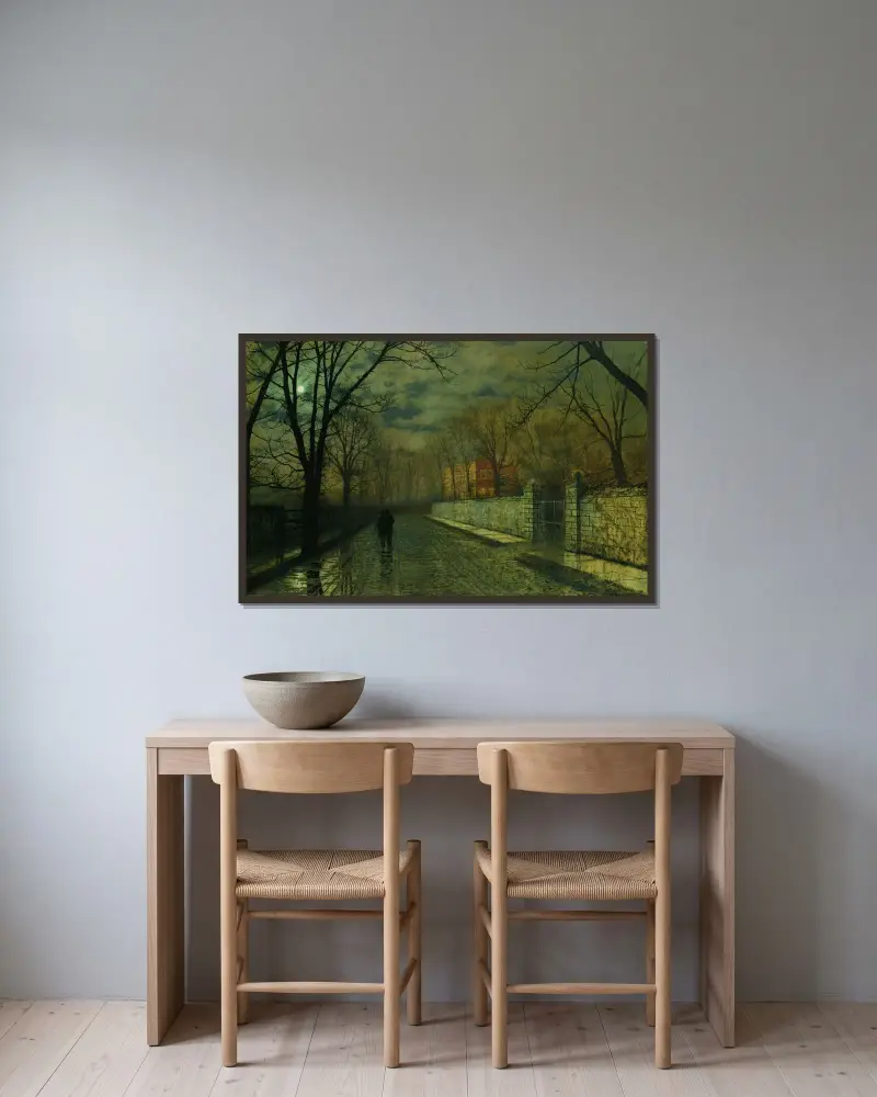 Figurer i en månskensbelyst gränd efter regn av John Atkinson Grimshaw inramad på en vägg