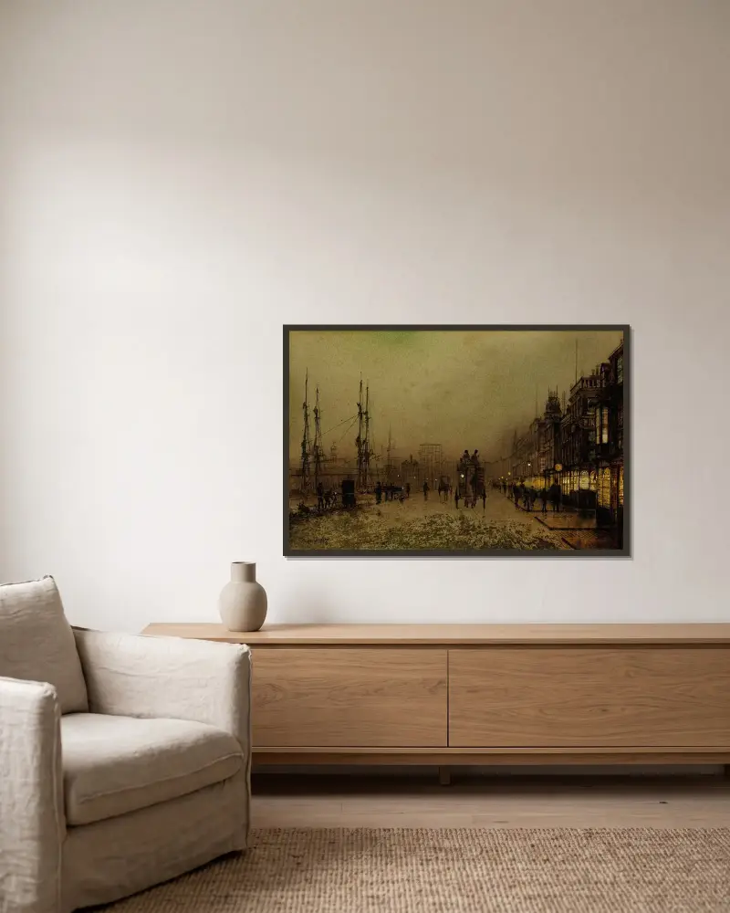 Glasgows hamn i skymningen av John Atkinson Grimshaw inramad på en vägg