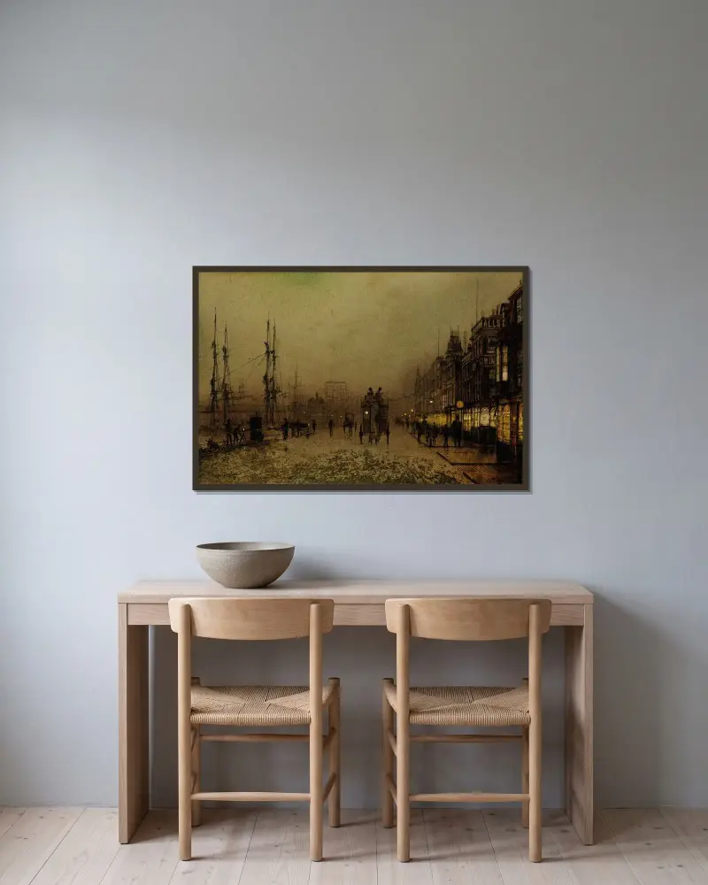 Glasgows hamn i skymningen av John Atkinson Grimshaw inramad på en vägg