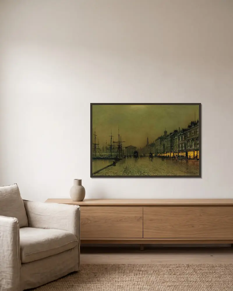 Greenock hamnkaj om natten av John Atkinson Grimshaw inramad på en vägg
