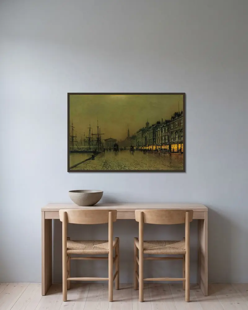Greenock hamnkaj om natten av John Atkinson Grimshaw inramad på en vägg