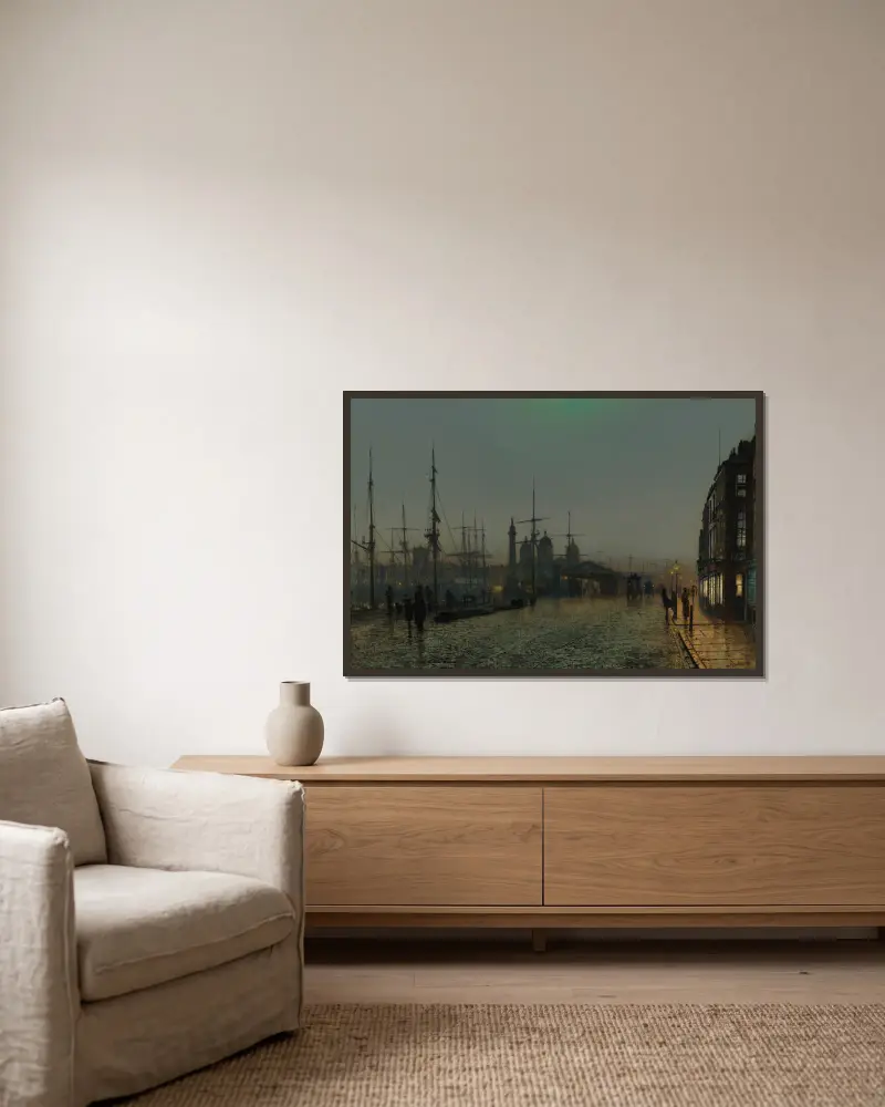 Přístav v Hullu v noci, John Atkinson Grimshaw v rámu na stěně