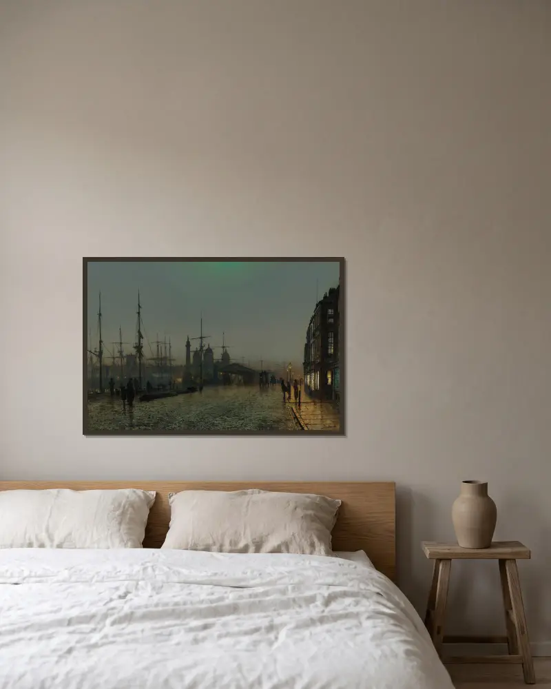 Přístav v Hullu v noci, John Atkinson Grimshaw v rámu na stěně