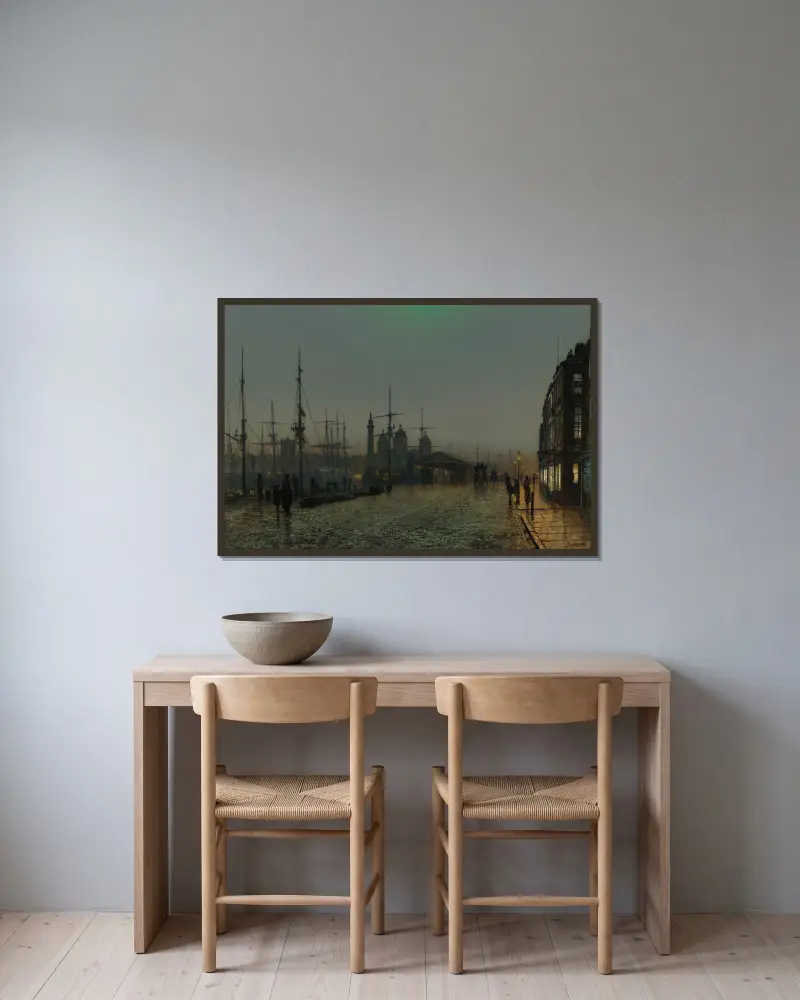 Přístav v Hullu v noci, John Atkinson Grimshaw v rámu na stěně