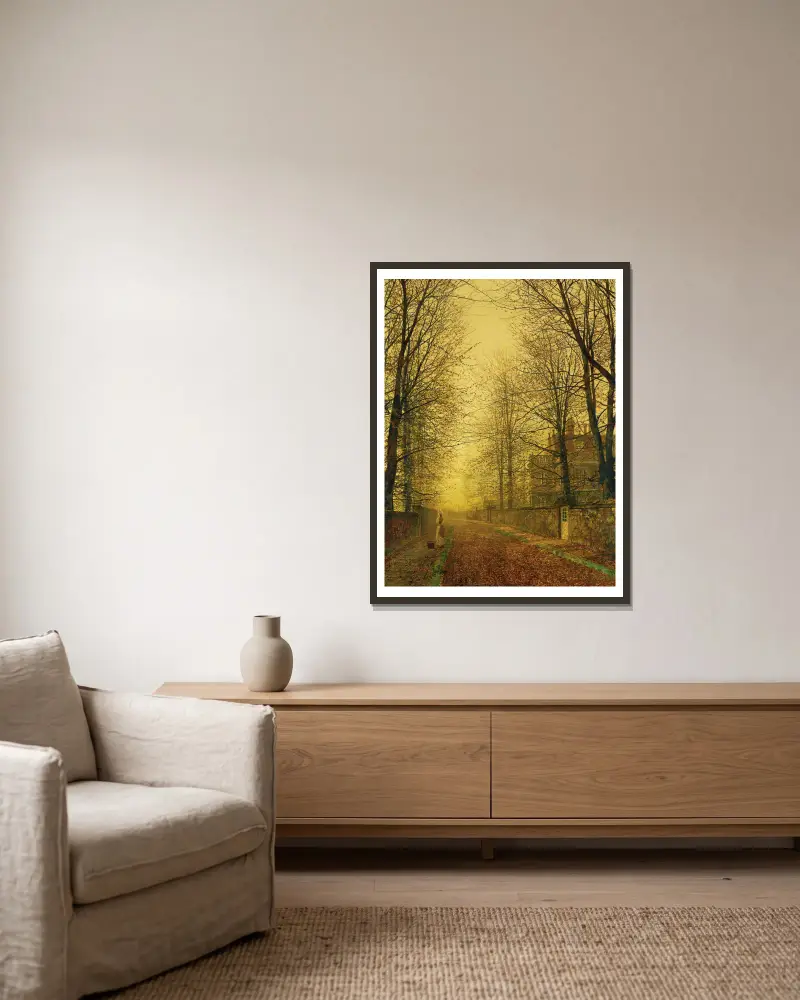 In Autumn’s Golden Glow av John Atkinson Grimshaw inramad på en vägg