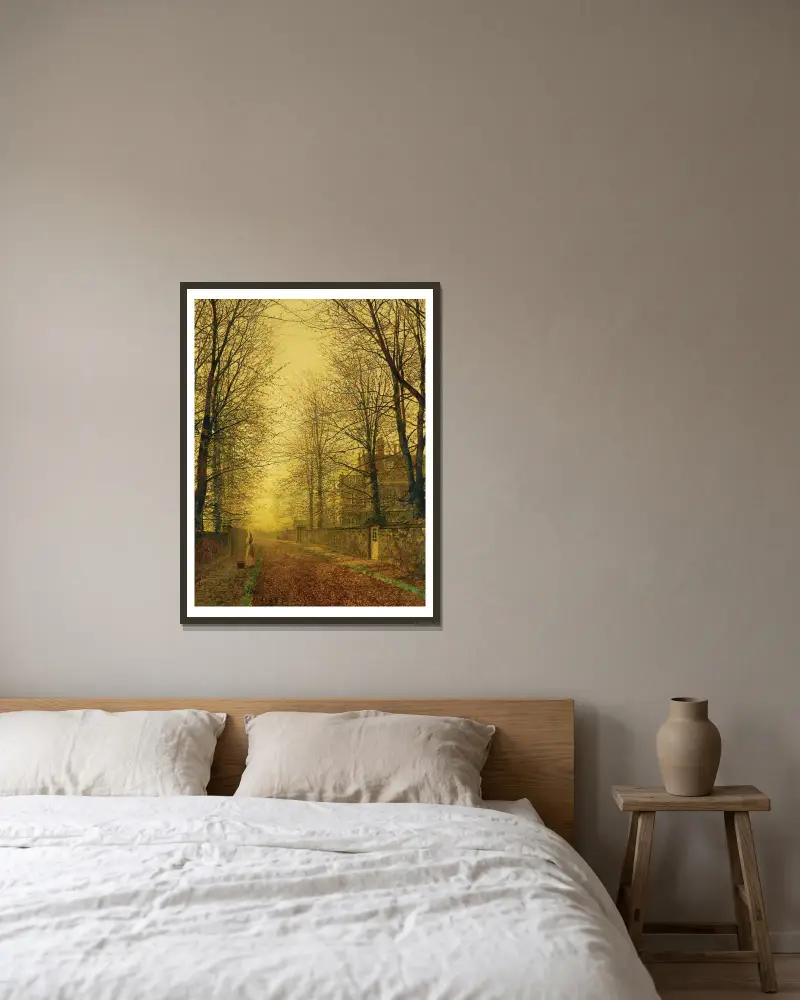 In Autumn’s Golden Glow av John Atkinson Grimshaw inramad på en vägg