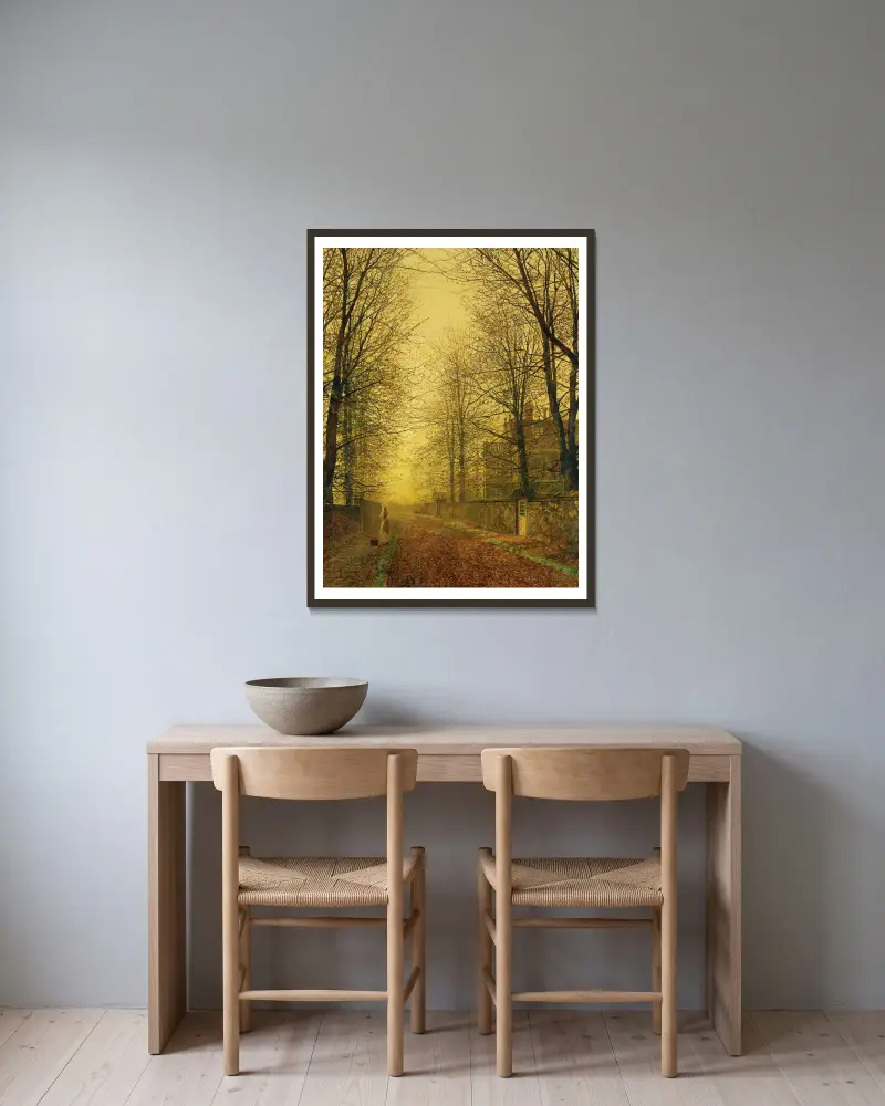 In Autumn’s Golden Glow av John Atkinson Grimshaw inramad på en vägg