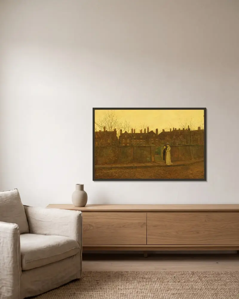 I det gyllene skymningsljuset av John Atkinson Grimshaw inramad på en vägg