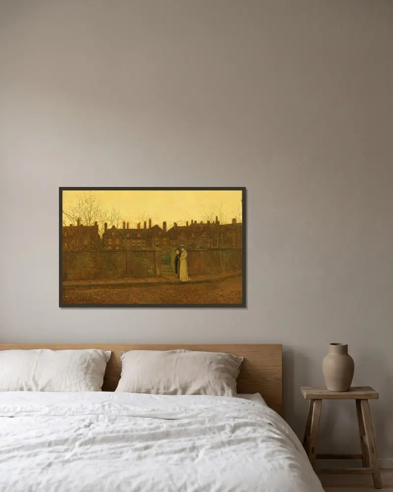 I det gyllene skymningsljuset av John Atkinson Grimshaw inramad på en vägg