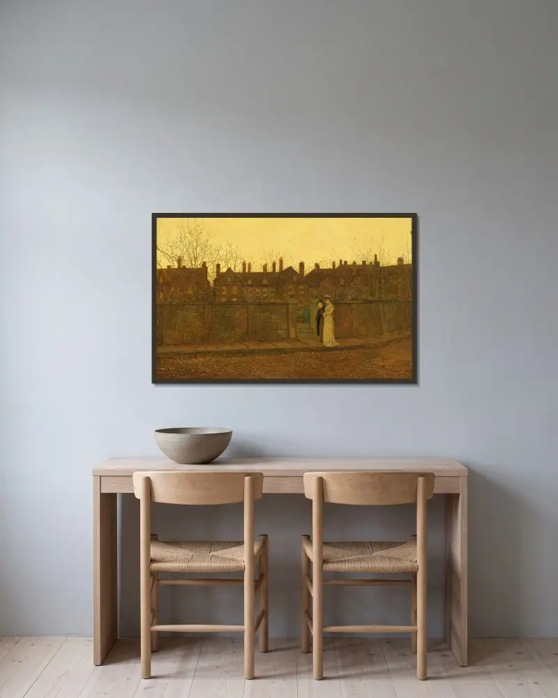 I det gyllene skymningsljuset av John Atkinson Grimshaw inramad på en vägg