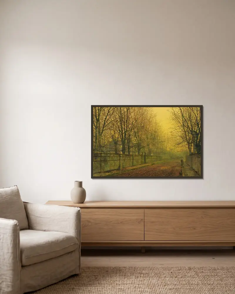 I höstens gyllene sken av John Atkinson Grimshaw inramad på en vägg