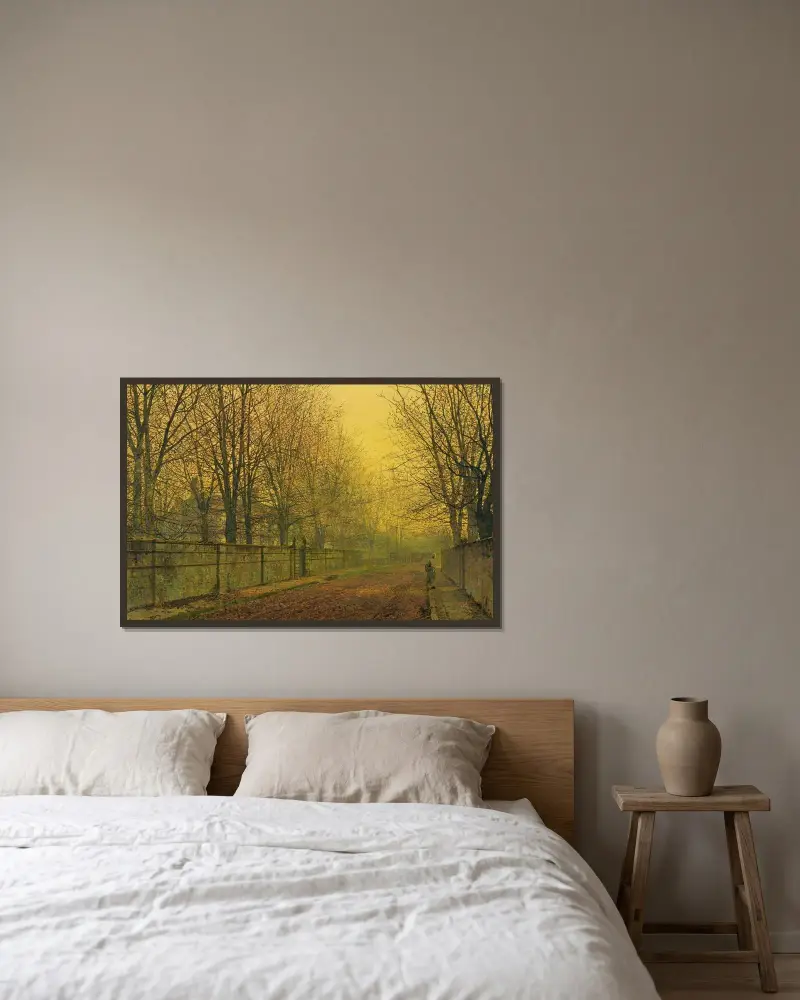 I höstens gyllene sken av John Atkinson Grimshaw inramad på en vägg