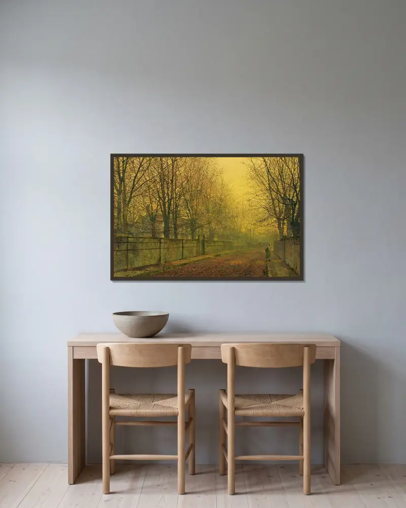 I höstens gyllene sken av John Atkinson Grimshaw inramad på en vägg