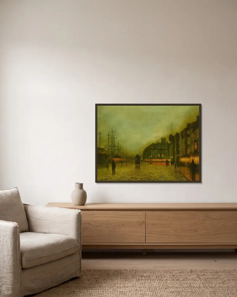 Liverpool Docks av John Atkinson Grimshaw inramad på en vägg